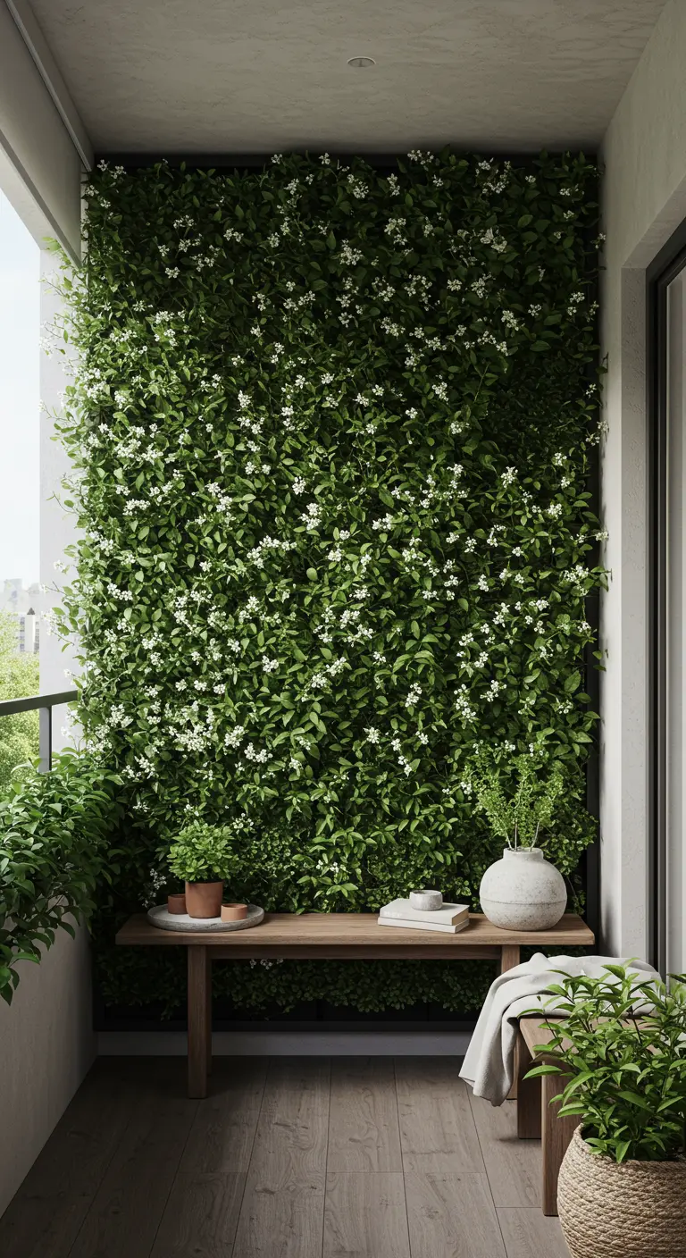 Balcón con una pared completamente cubierta por un jardín vertical de plantas con flores blancas.