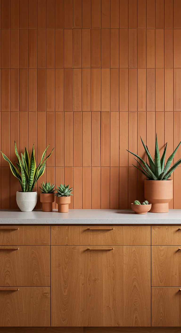 Pared de azulejos de terracota verticales con una colección de suculentas en macetas.