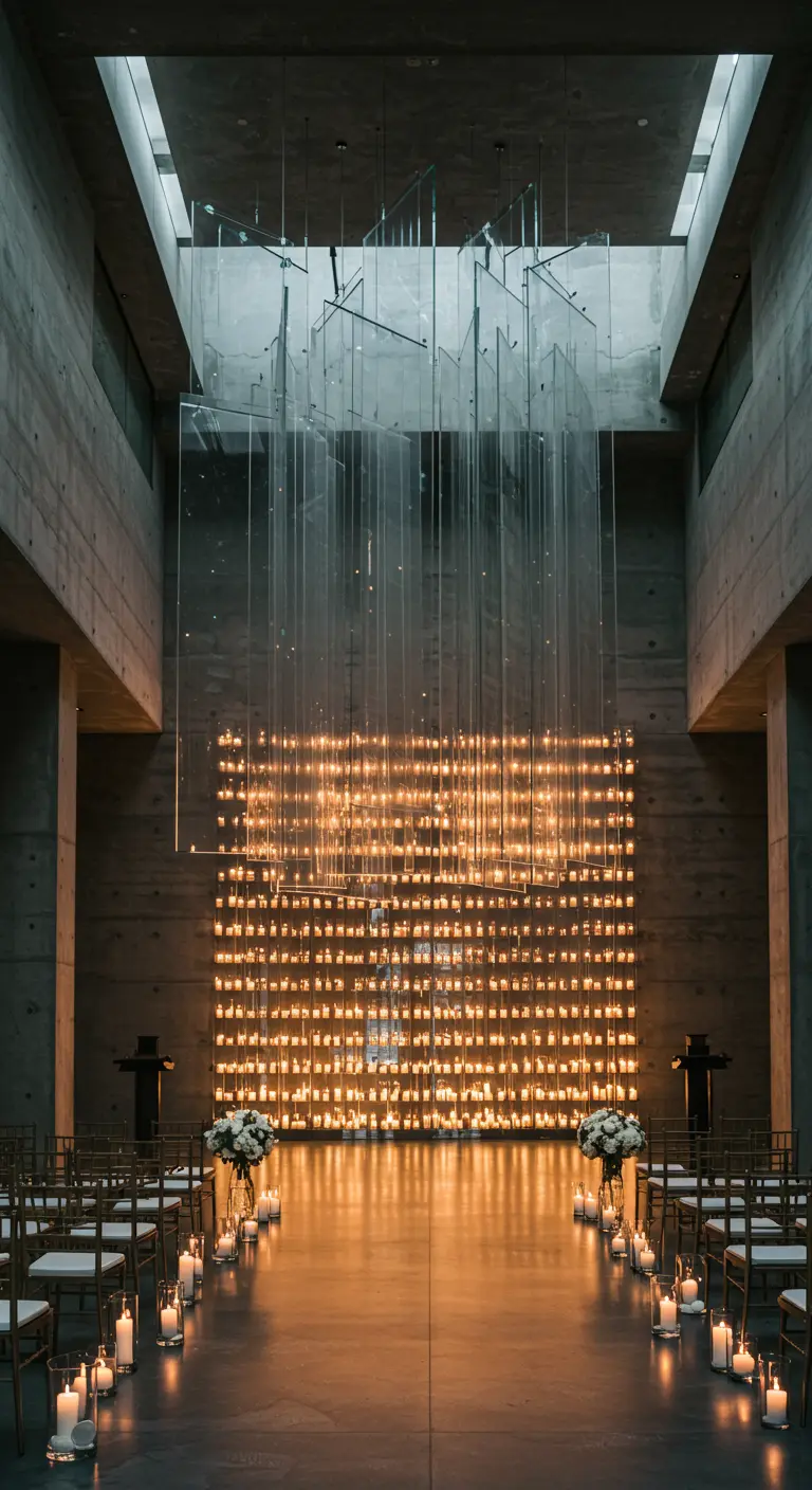 Altar de bodas monumental formado por una pared entera cubierta de velas encendidas.
