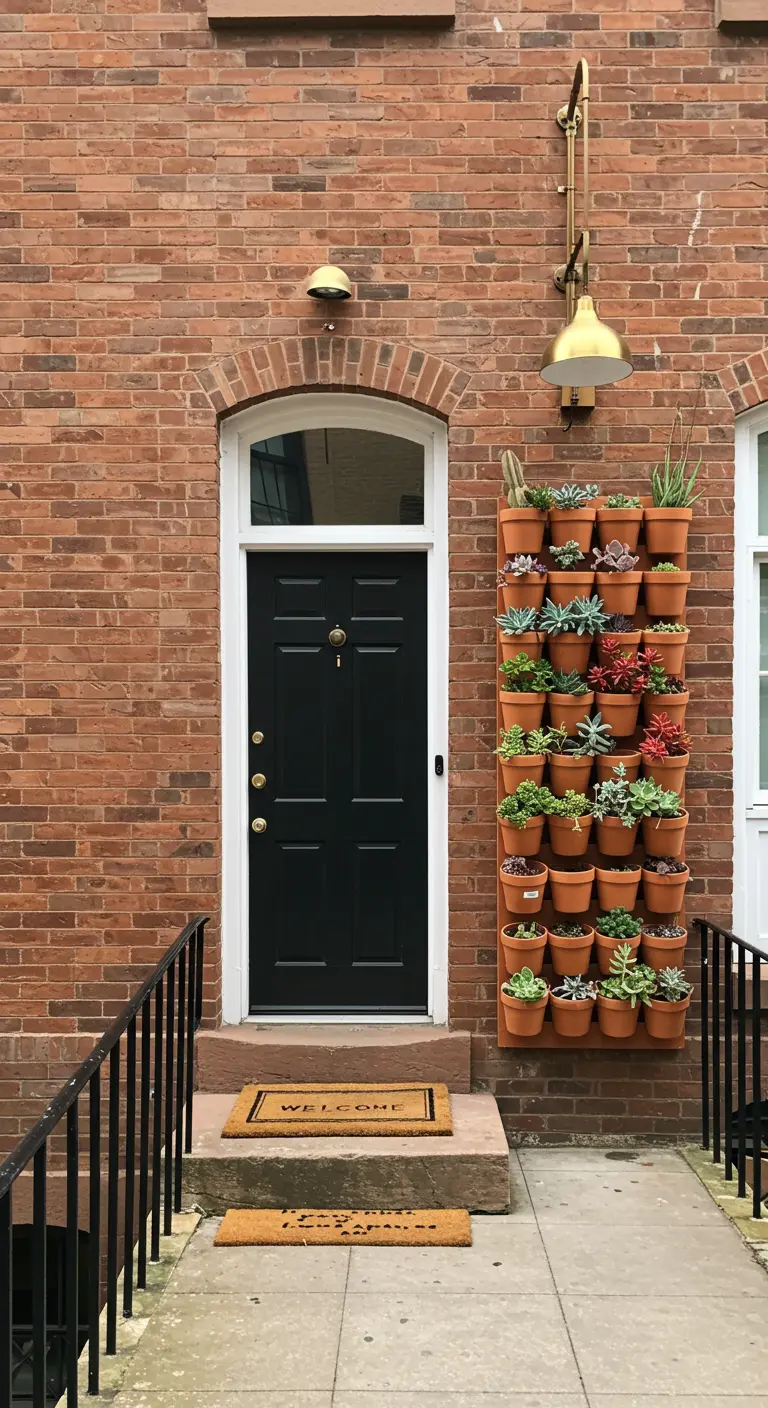 Pared de ladrillo con un jardín vertical de madera lleno de suculentas de colores