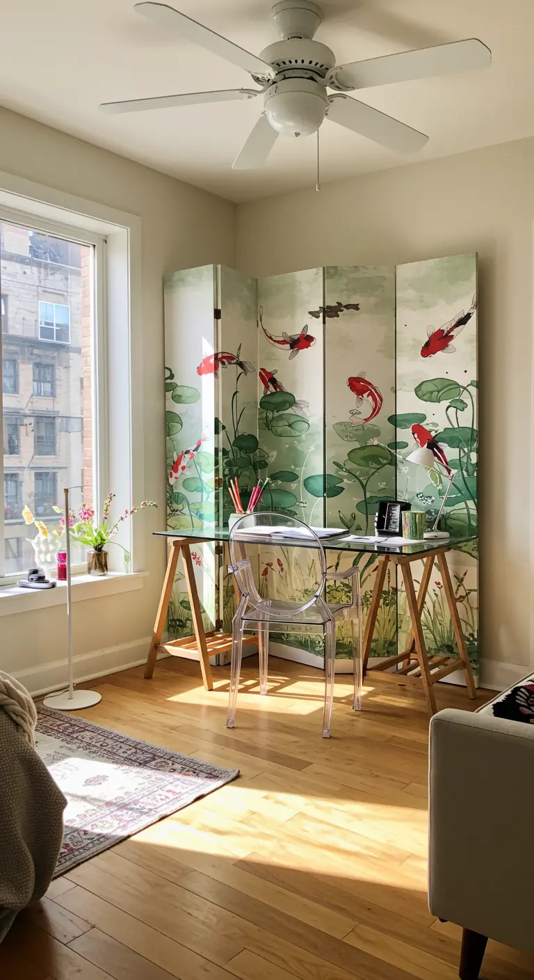 Oficina luminosa con un biombo de acuarela con peces koi y un escritorio de cristal.