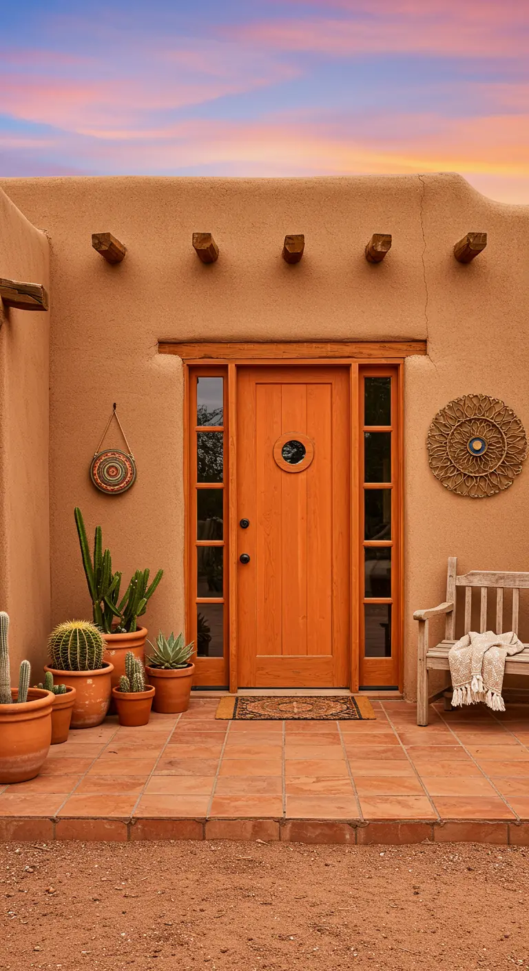 Puerta naranja en una casa de adobe, decorada con cactus y un banco de madera