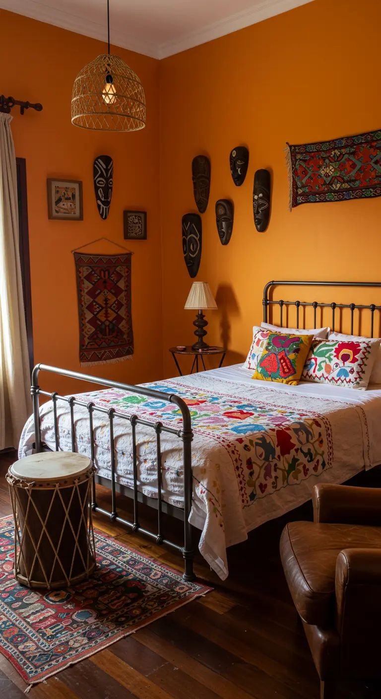 Dormitorio con paredes naranjas, máscaras africanas, textiles andinos y cama de forja.