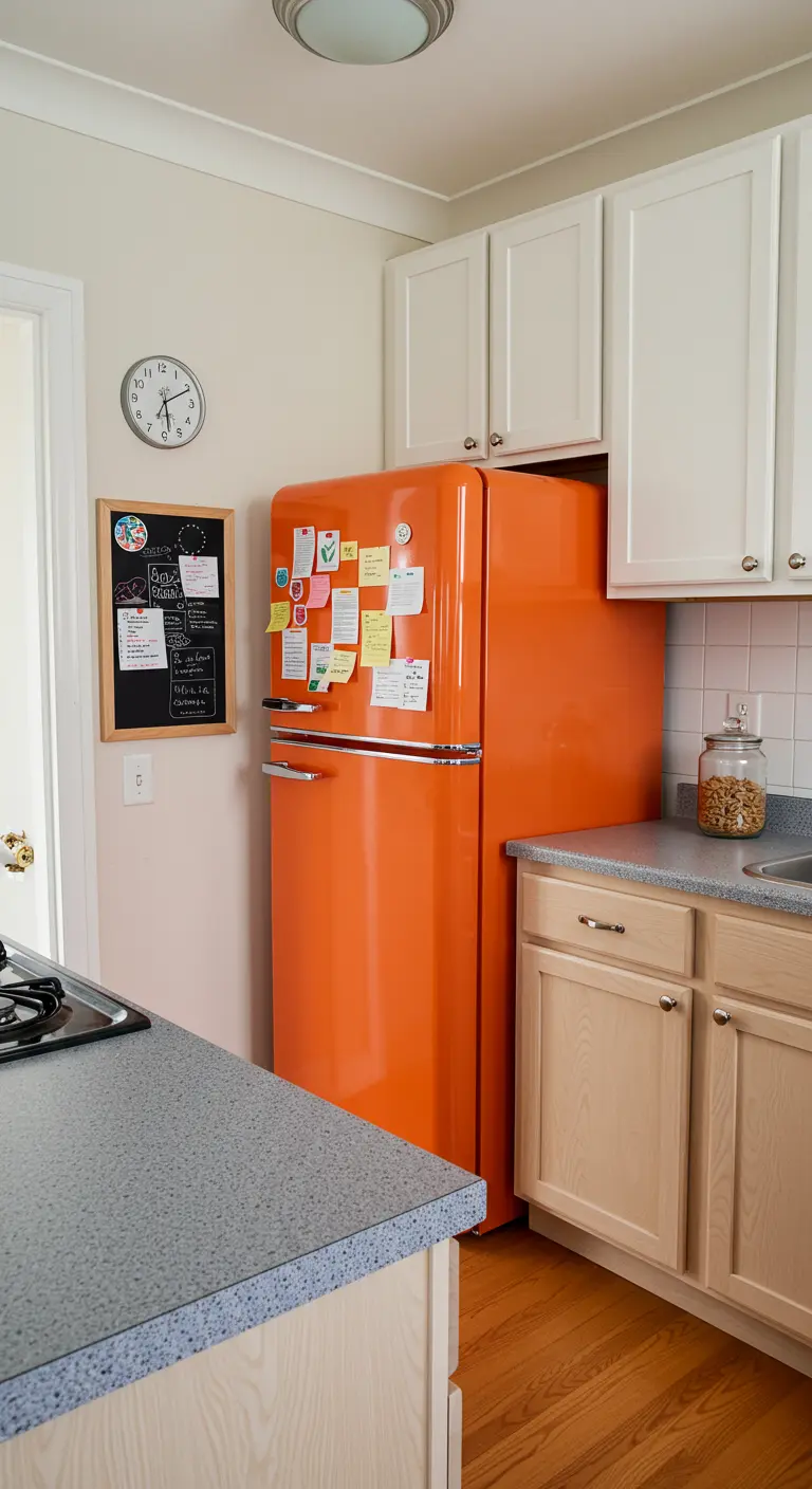 Cocina sencilla con un frigorífico retro de color naranja intenso y una pizarra.