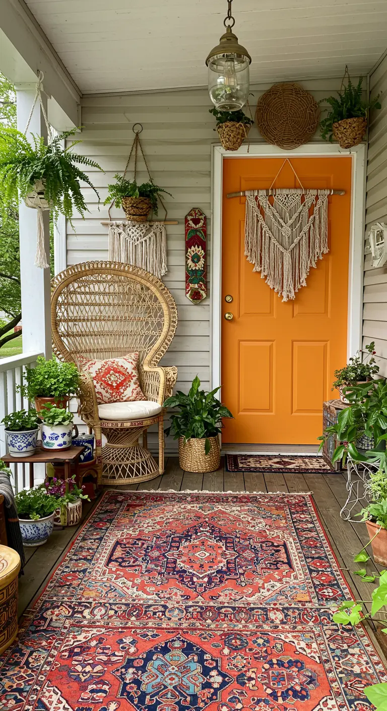 Porche bohemio con una puerta naranja, silla de mimbre, alfombra persa y muchas plantas
