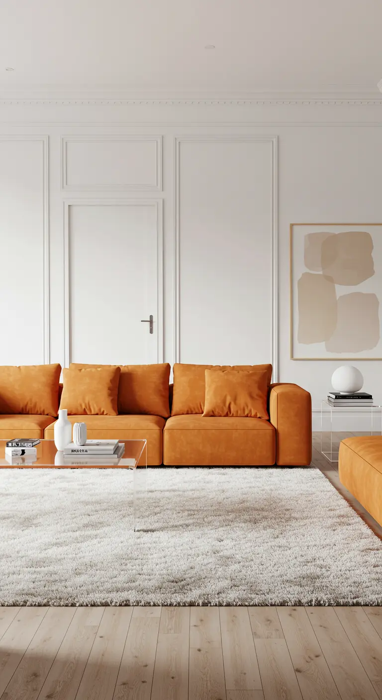 Sofá modular de color naranja intenso en una sala de estar minimalista blanca.