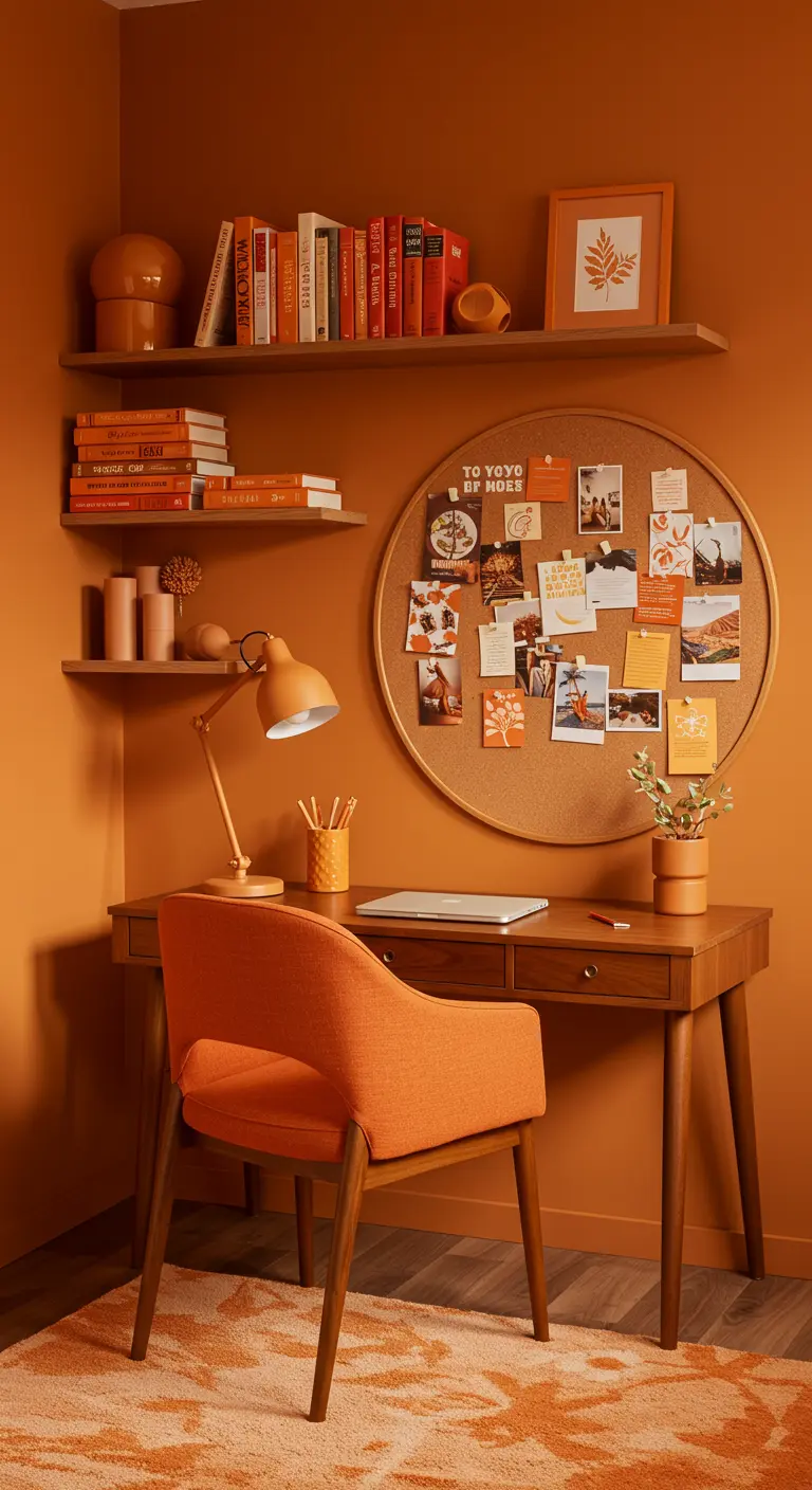Rincón de estudio en naranja quemado con tablero de corcho redondo y silla naranja.