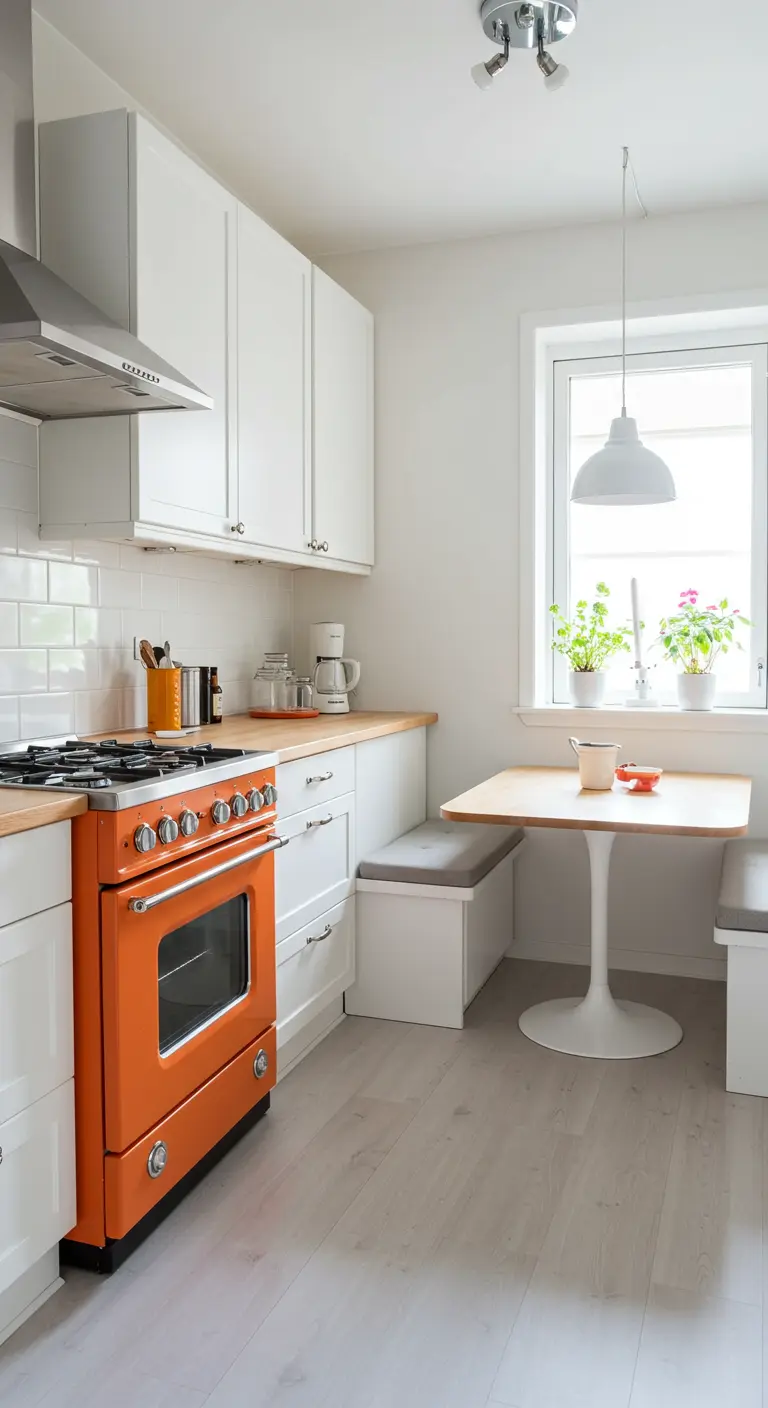Cocina blanca con horno retro de color naranja y una pequeña mesa de comedor.