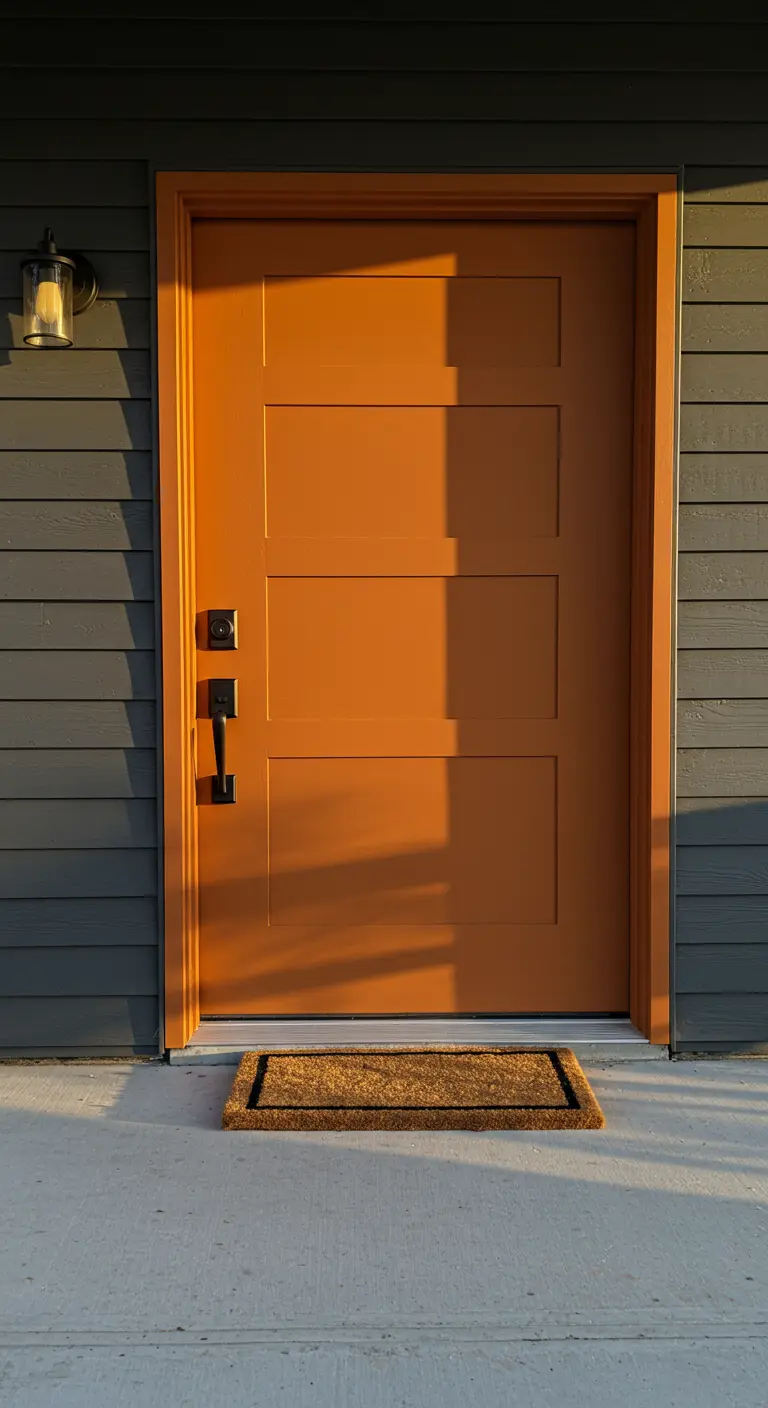 Puerta de entrada de color naranja vibrante sobre una fachada de revestimiento gris oscuro