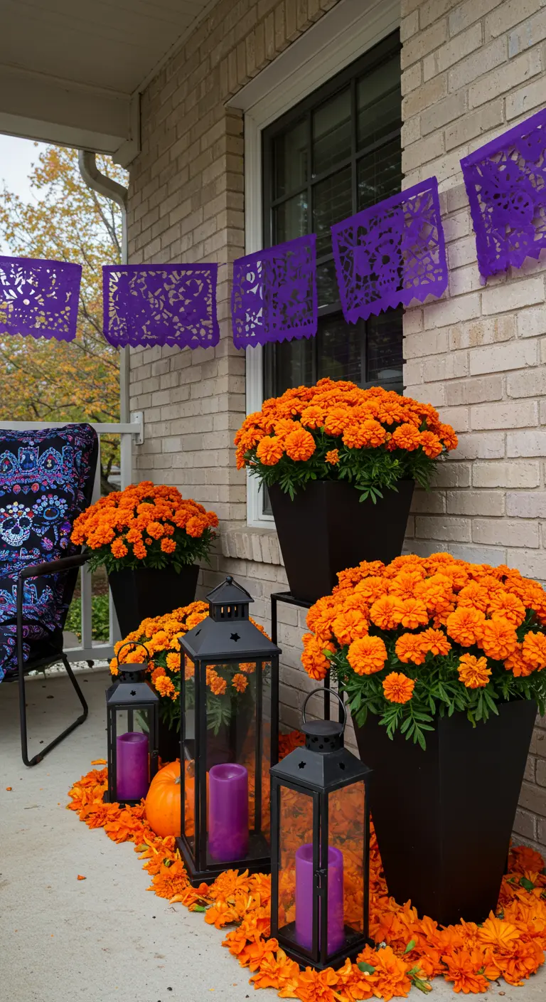 Rincón de un porche con macetas de cempasúchil, faroles negros con velas moradas y papel picado morado.