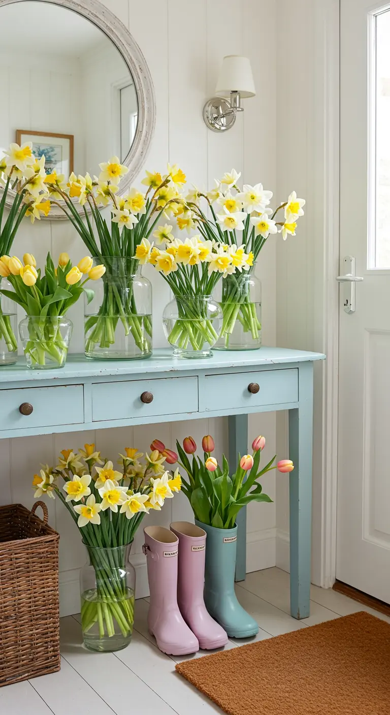 Consola azul claro repleta de jarrones con narcisos y tulipanes, con botas de agua de colores al lado.