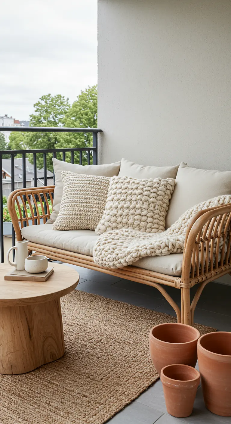 Balcón de estilo natural con sofá de bambú, cojines de crochet y una manta de punto grueso.