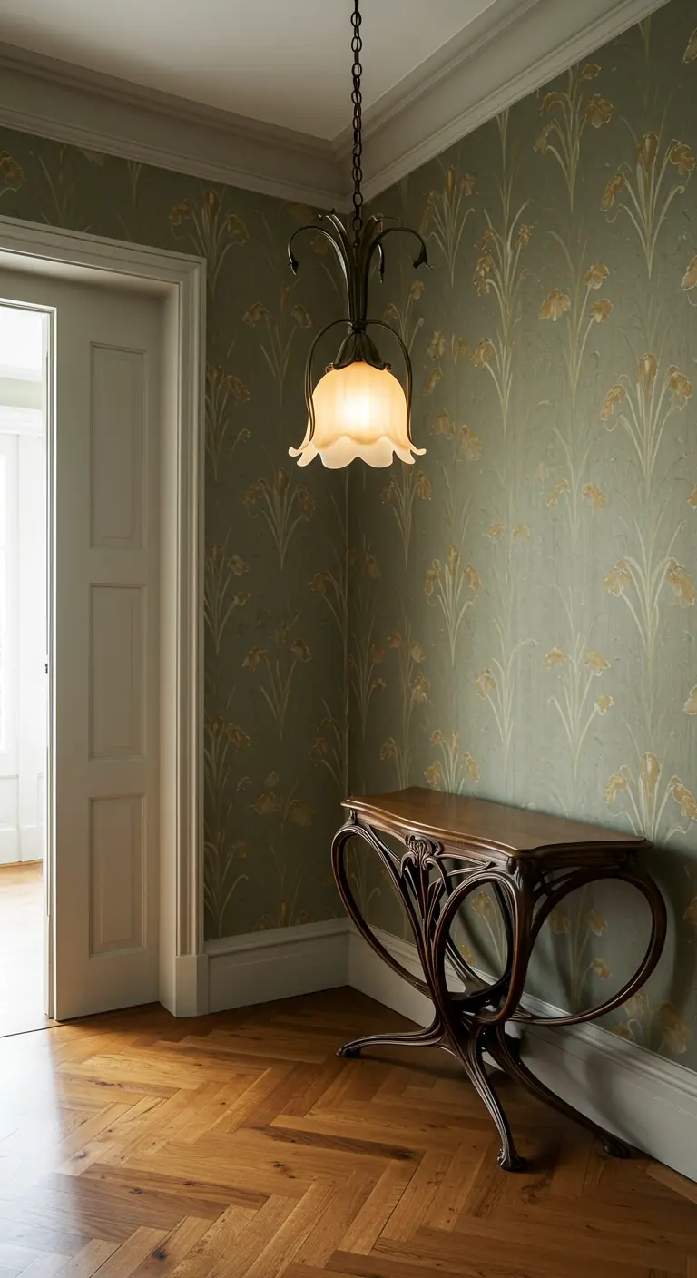 Lámpara colgante Art Nouveau en forma de flor sobre una consola de madera curva.