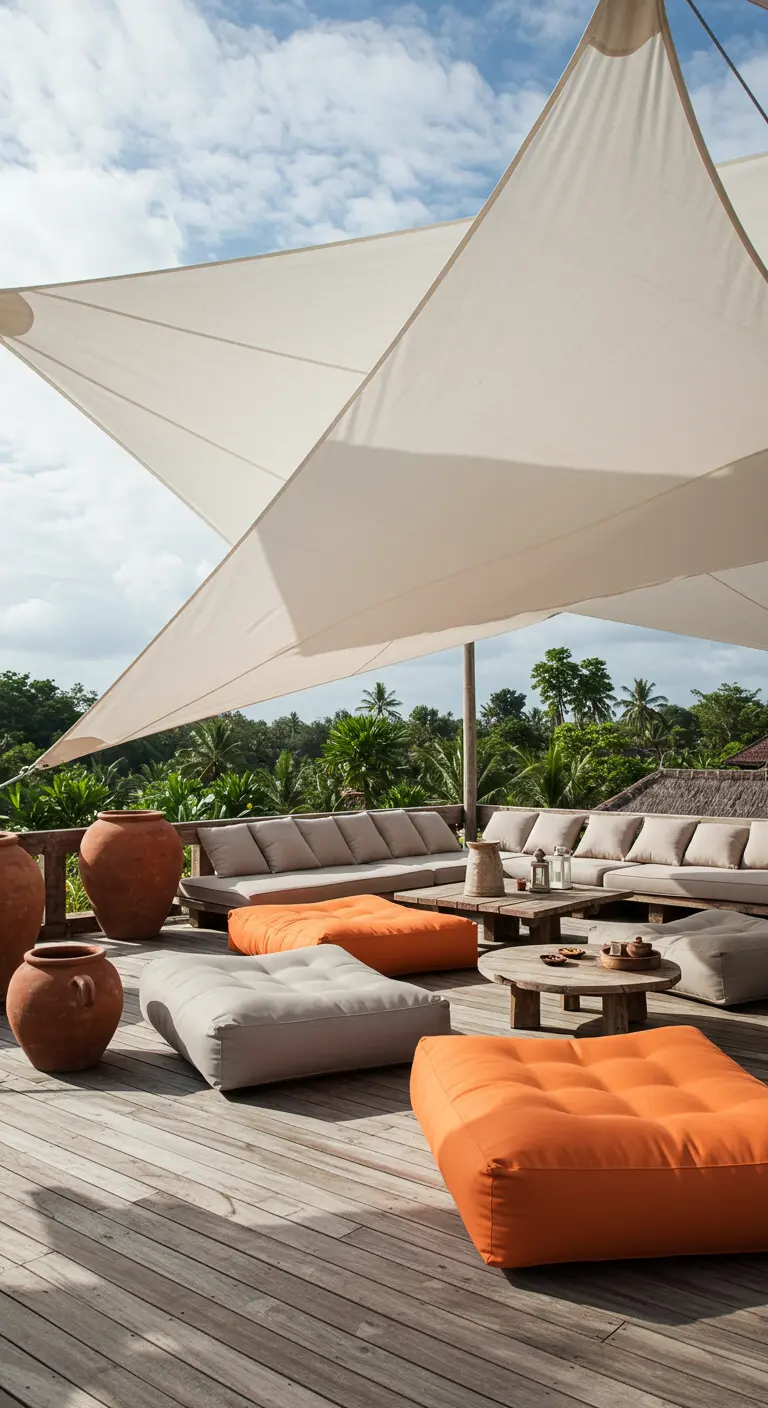 Gran terraza de madera con toldos de vela, sofás bajos y cojines de suelo.