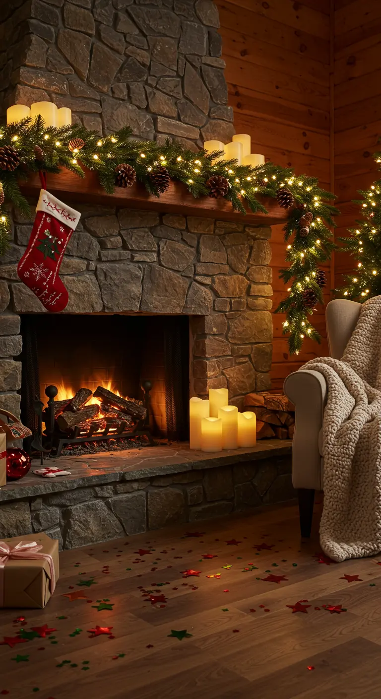 Chimenea de piedra decorada para Navidad con guirnaldas, velas y confeti de estrellas.