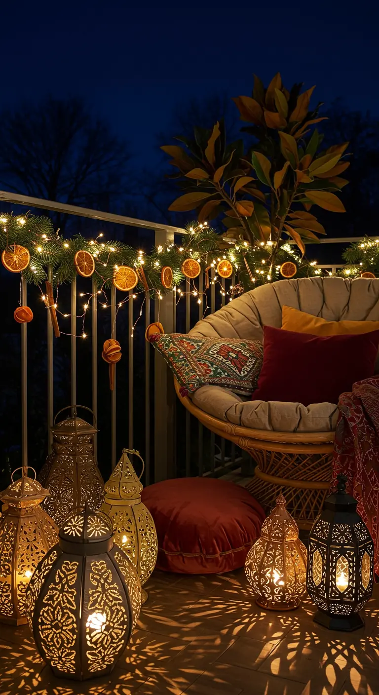 Balcón bohemio con guirnalda de naranjas secas, faroles marroquíes y cojines de terciopelo.