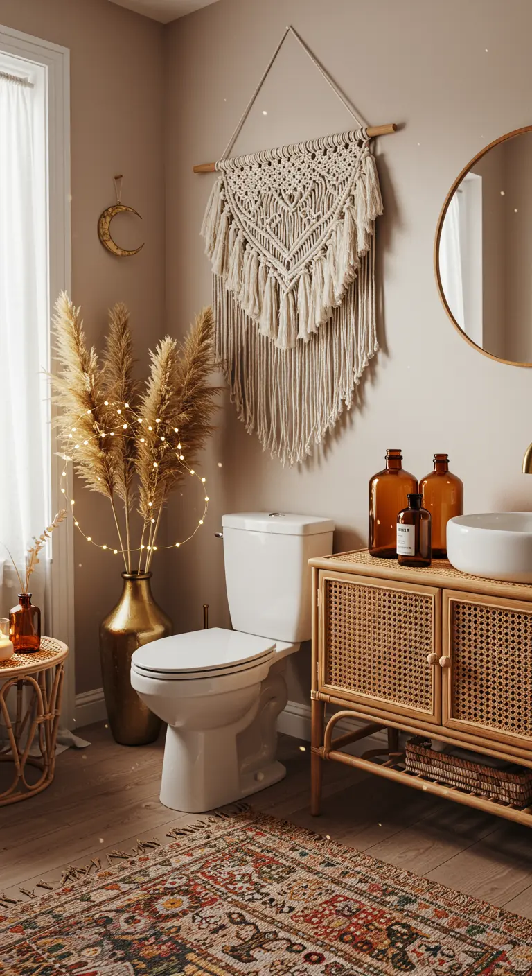 Baño de estilo boho con hierba de la pampa iluminada con luces cálidas y un tapiz de macramé.