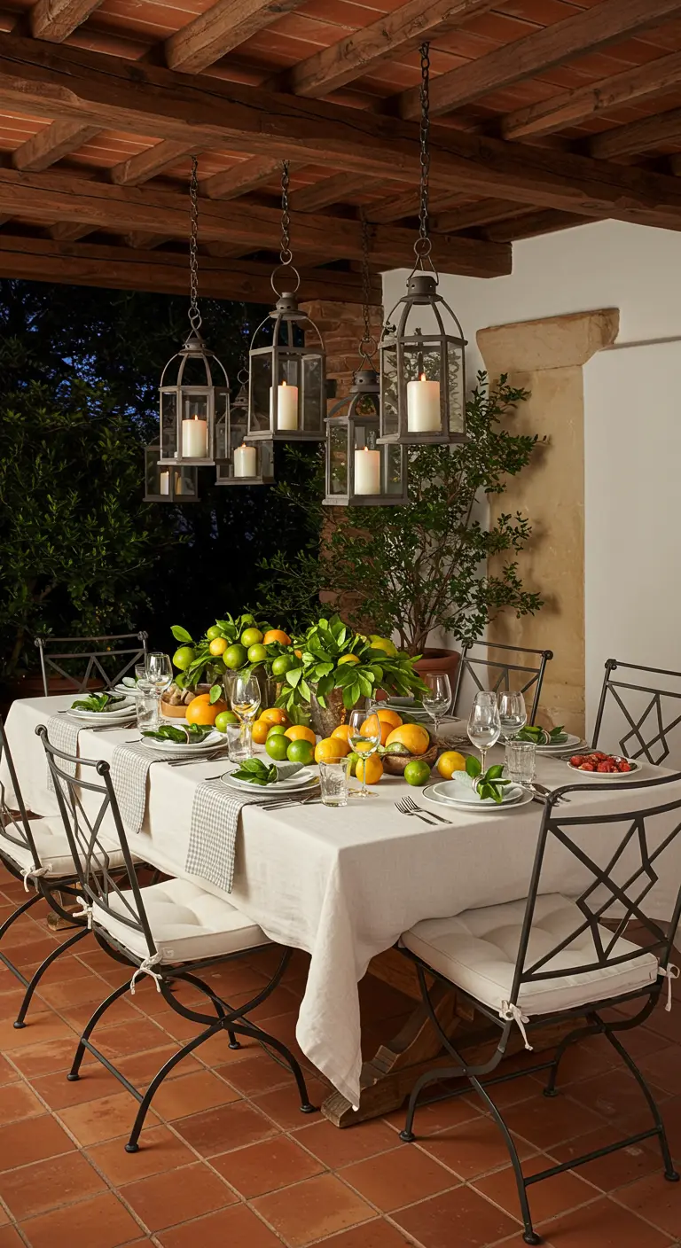 Mesa en un porche mediterráneo con un centro de mesa abundante de cítricos y hojas verdes.