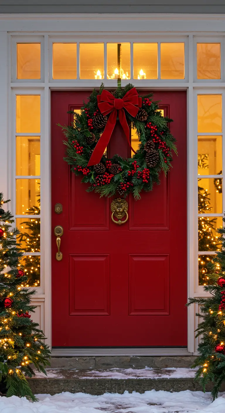 Corona de Navidad clásica con lazo rojo en una puerta roja.