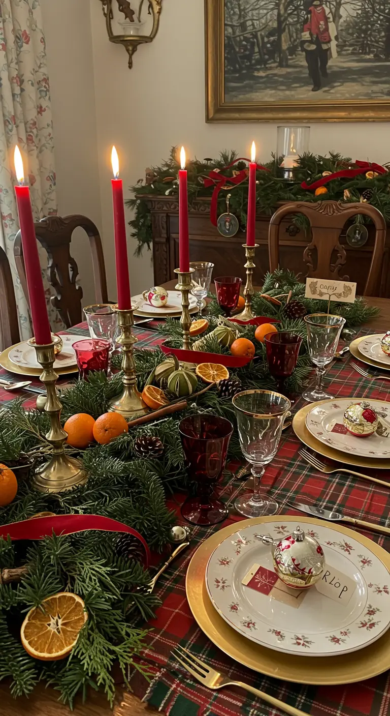 Mesa navideña tradicional con mantel de cuadros, guirnalda de pino y naranjas.