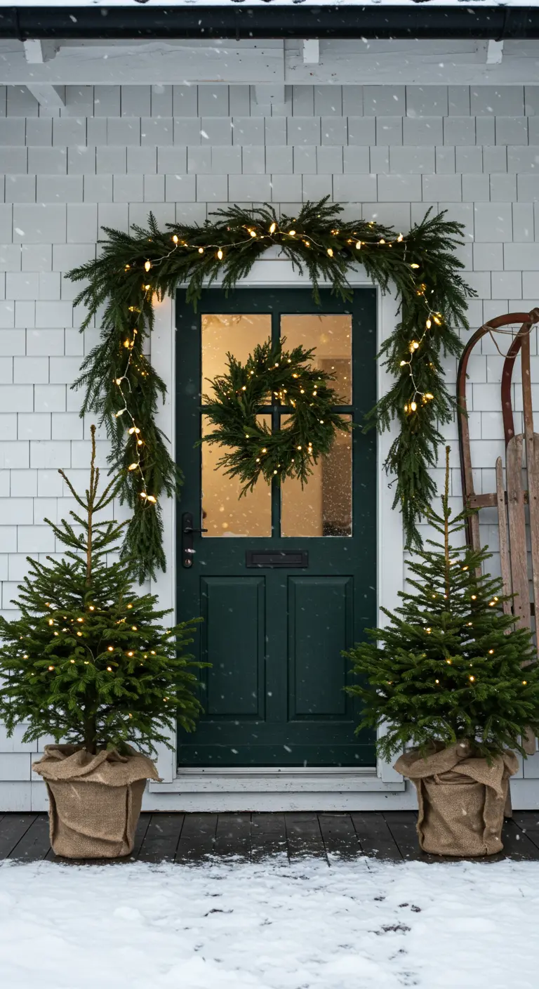 Entrada navideña con puerta verde oscuro, guirnalda de pino con luces y dos árboles en sacos de arpillera.