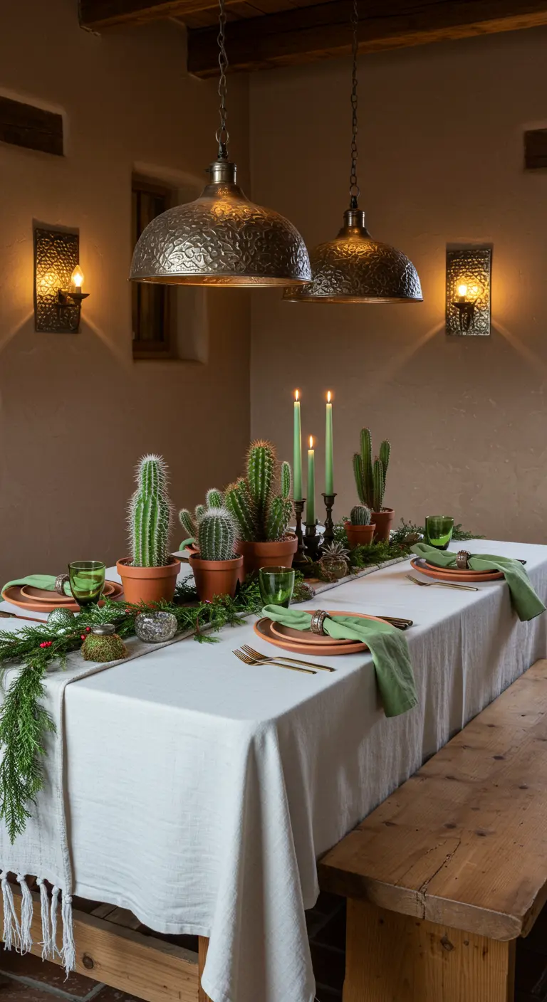 Mesa de comedor de estilo rústico con un centro de mesa de cactus en macetas de terracota.