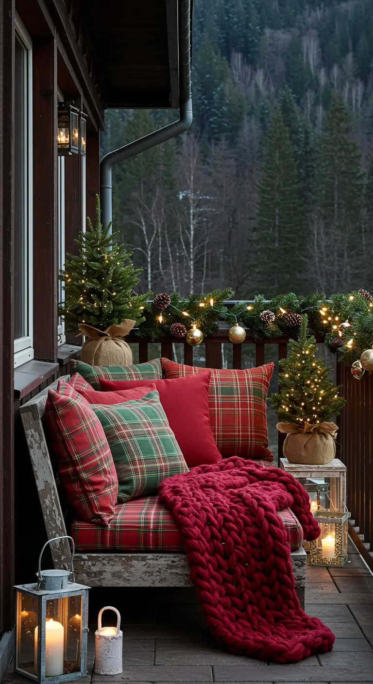Balcón navideño con banco de madera, cojines de tartán y manta roja gruesa.