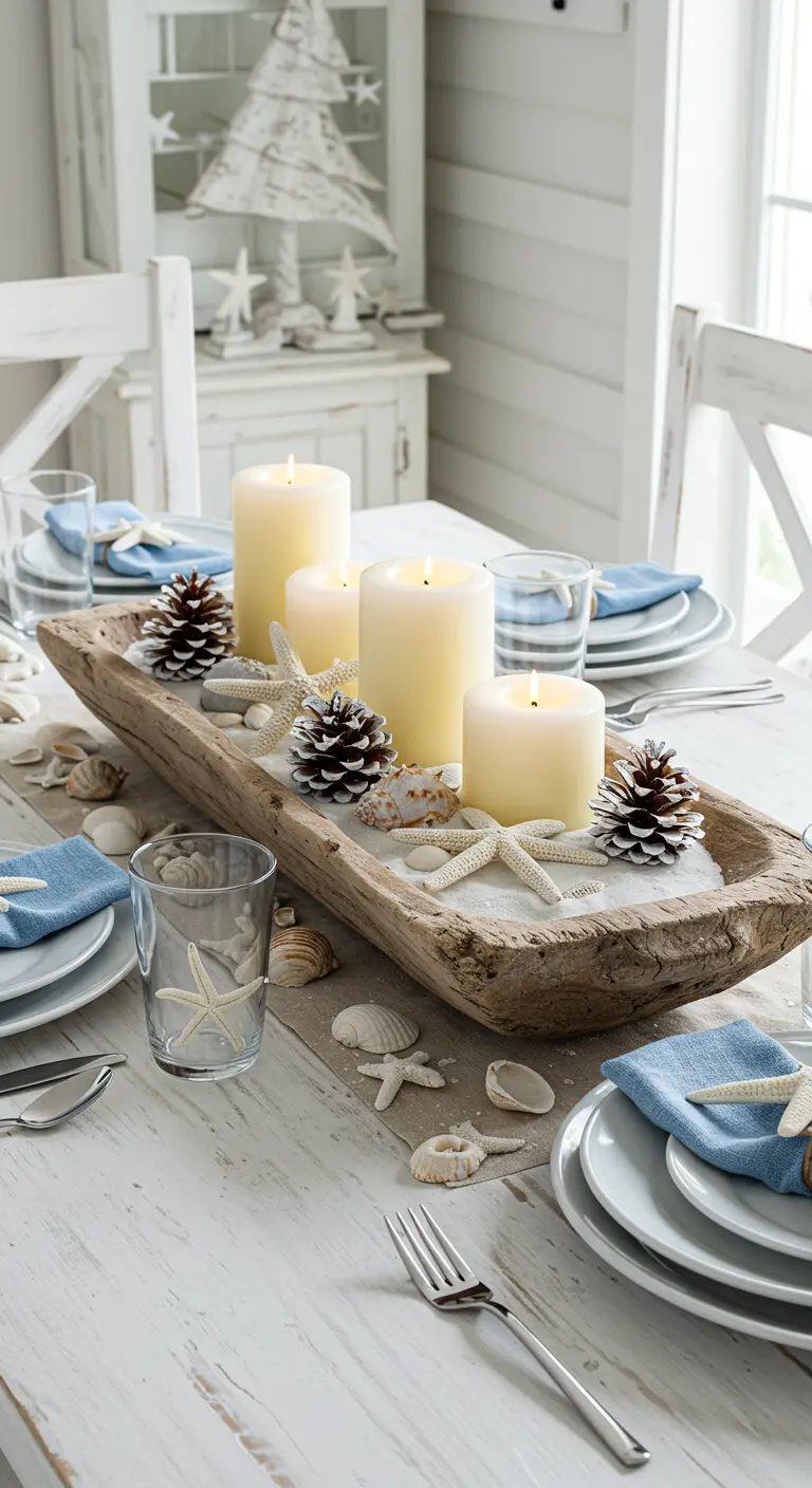 Centro de mesa de estilo costero en una batea de madera con velas, piñas y estrellas de mar.