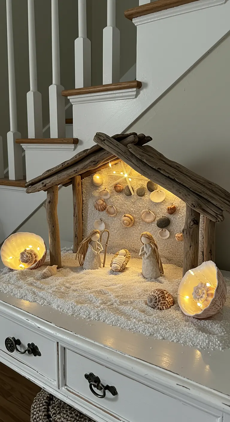 Belen con temática de playa, con madera de deriva, arena, conchas y luces.