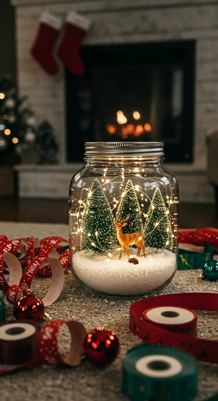 Un terrario navideño en un frasco con nieve artificial, mini pinos, un ciervo y luces cálidas.