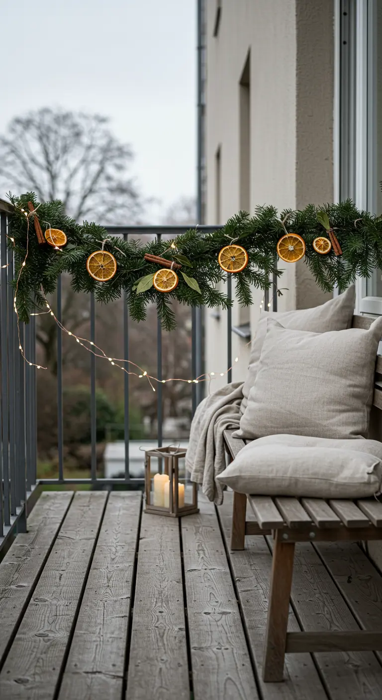 Guirnalda de pino decorada con rodajas de naranja seca, canela y luces de hadas.