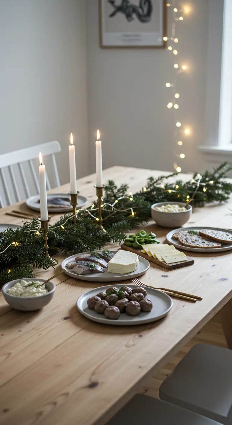 Mesa de estilo escandinavo con ramas de pino, velas blancas y una guirnalda de luces.