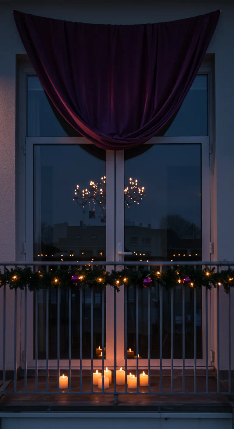 Balcón navideño con guirnalda de pino, luces, esferas moradas y tela a juego.