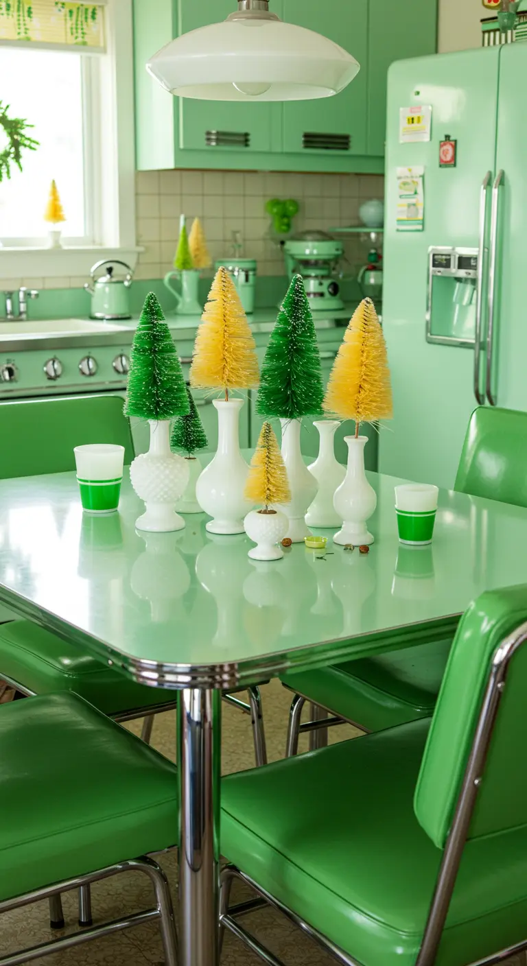Mesa de cocina retro de color verde menta con un centro de mesa de arbolitos de cepillo en jarrones de leche.