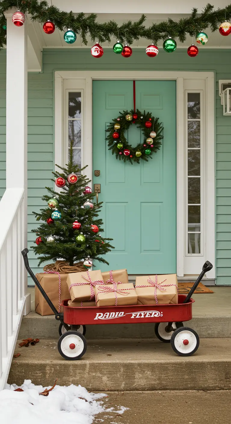 Puerta turquesa con un vagón rojo antiguo que lleva un árbol de Navidad y regalos.