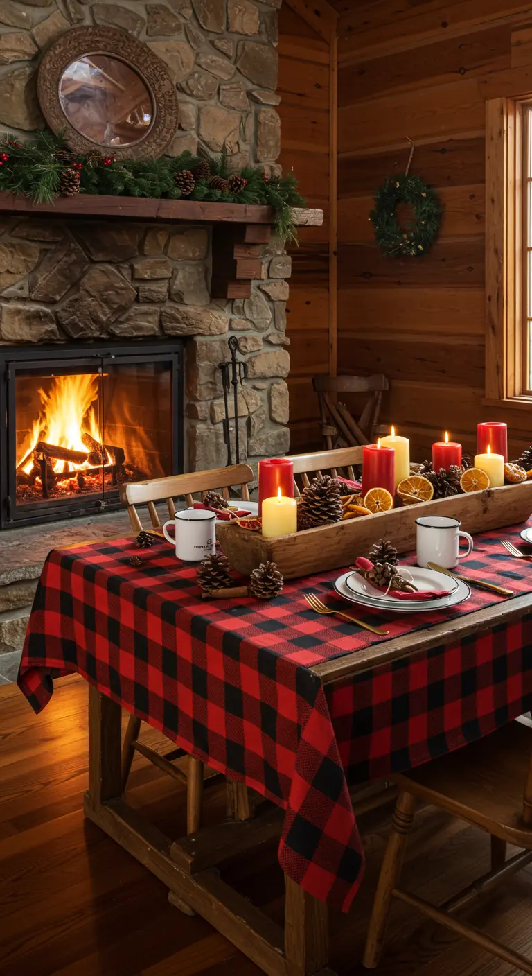 Mesa rústica con mantel a cuadros rojos y negros, y centro de mesa con velas y piñas.
