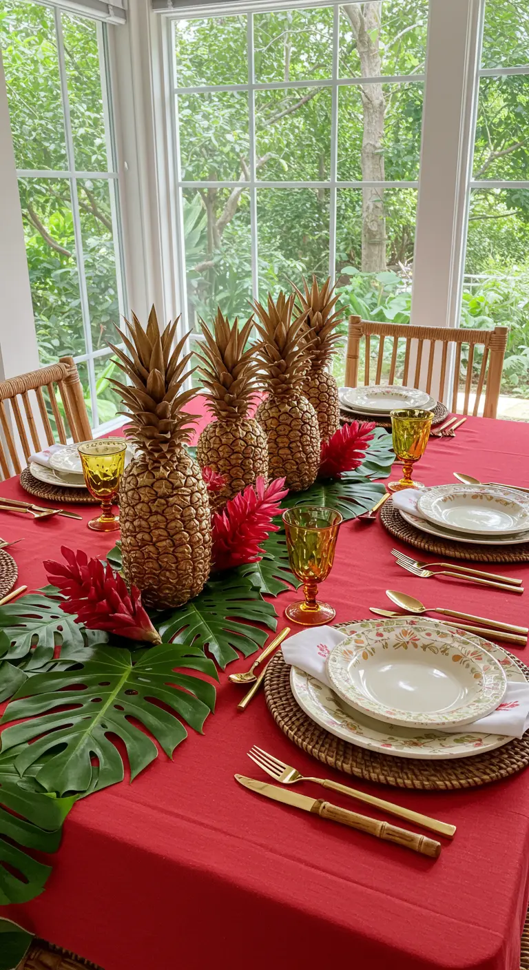 Mesa tropical con mantel rojo, hojas de monstera y piñas pintadas de dorado como centro de mesa.