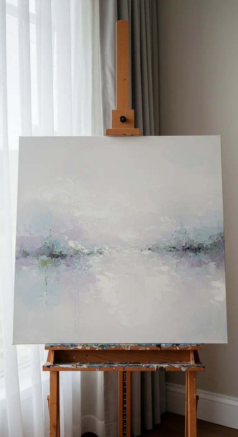 Cuadro abstracto de un paisaje difuminado en tonos pastel.