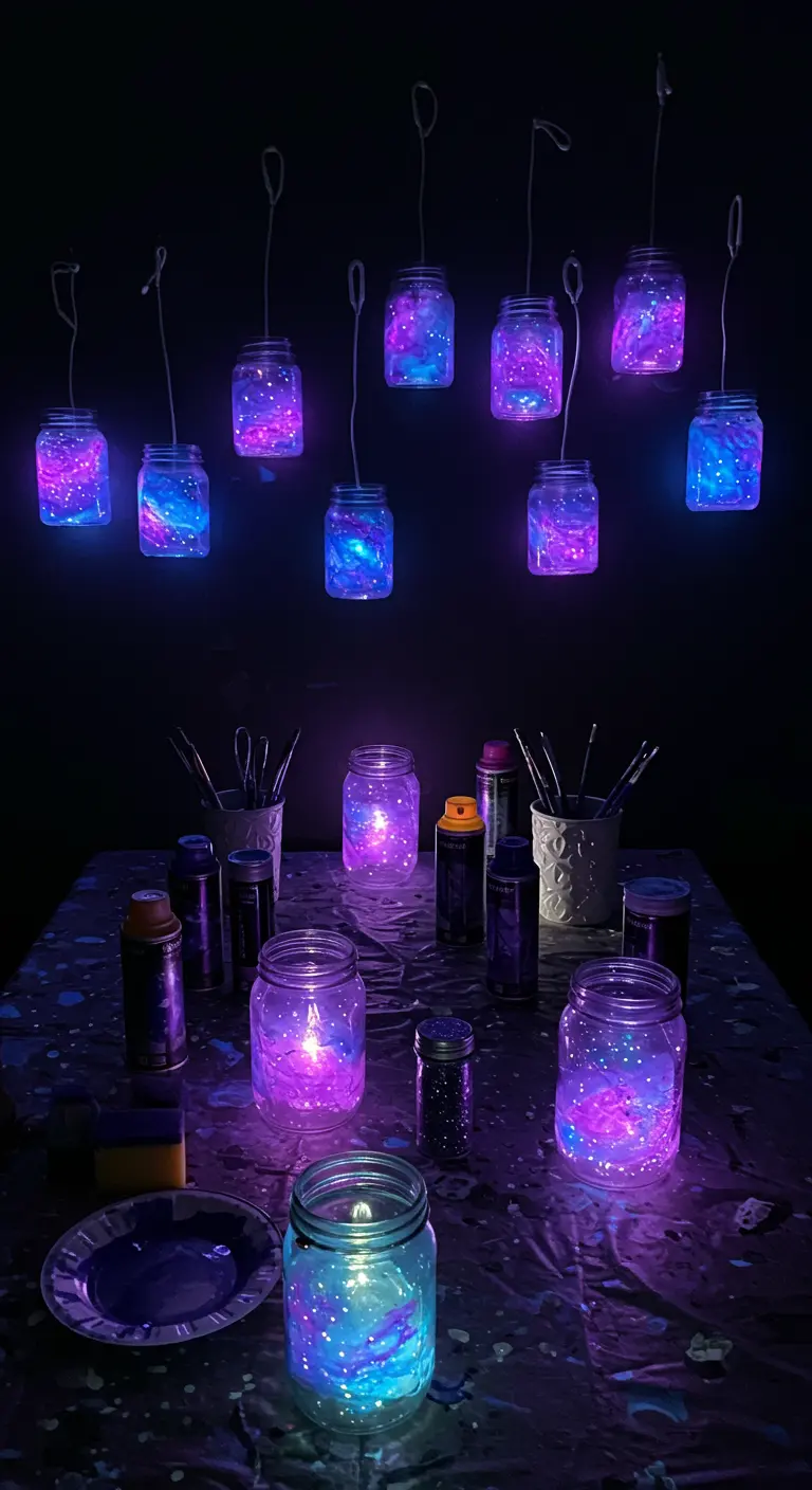 Frascos de vidrio pintados para parecer galaxias de color púrpura y azul, brillando en la oscuridad.