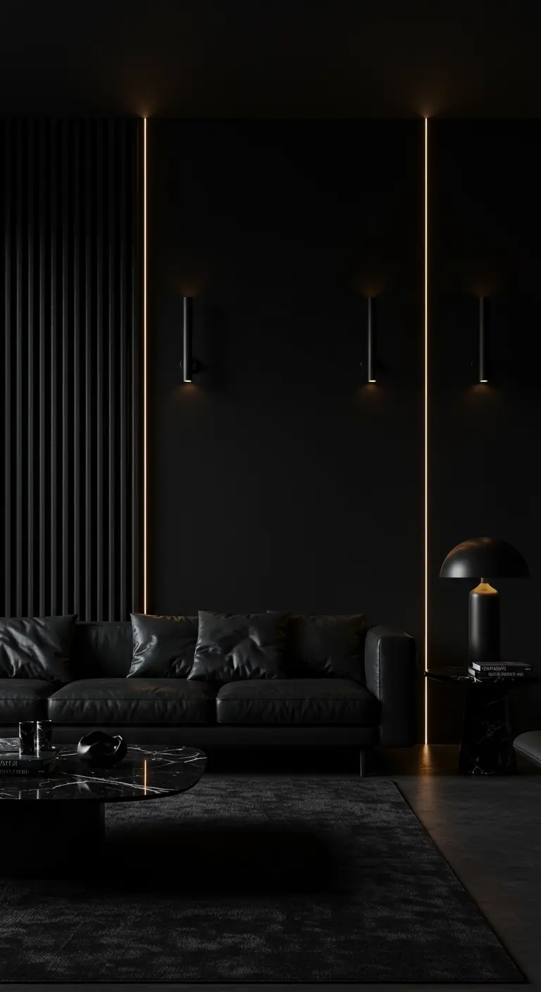 Sala de estar moderna y sofisticada en negro total con iluminación LED y sofá de cuero.
