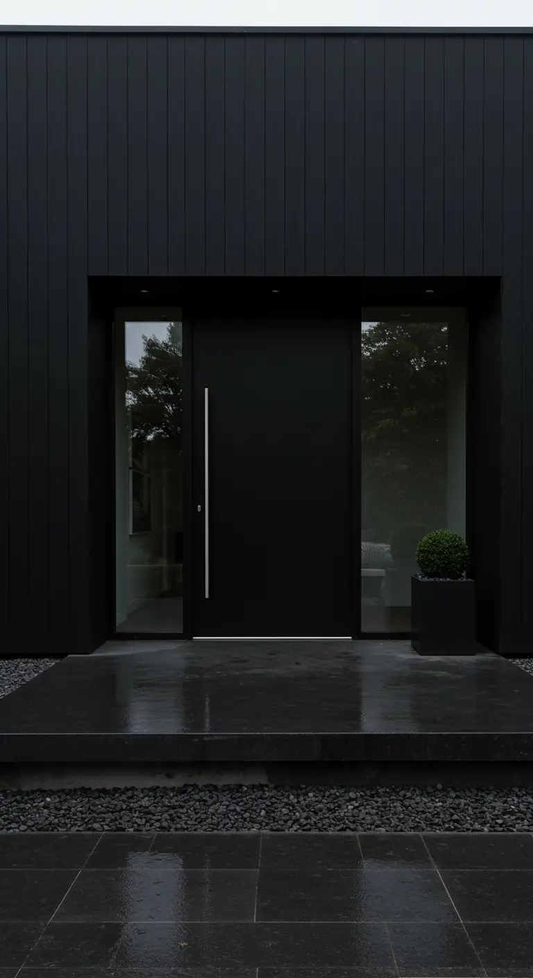 Porche moderno totalmente negro con puerta flanqueada por cristal y un arbusto esférico en maceta negra