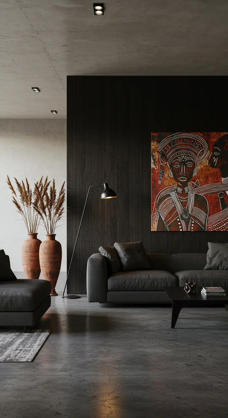 Salón moderno y oscuro con pared de madera negra, sofá gris y un gran cuadro de arte tribal.