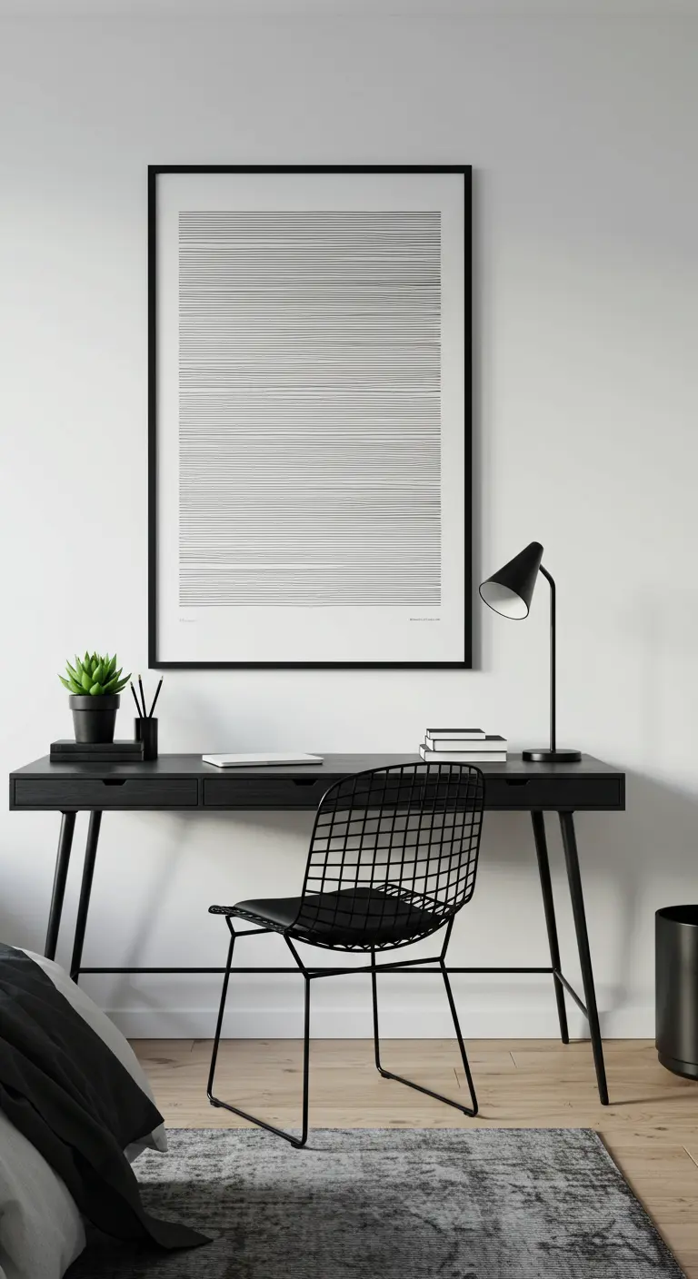Escritorio negro minimalista con una silla de rejilla metálica y un cuadro de líneas.