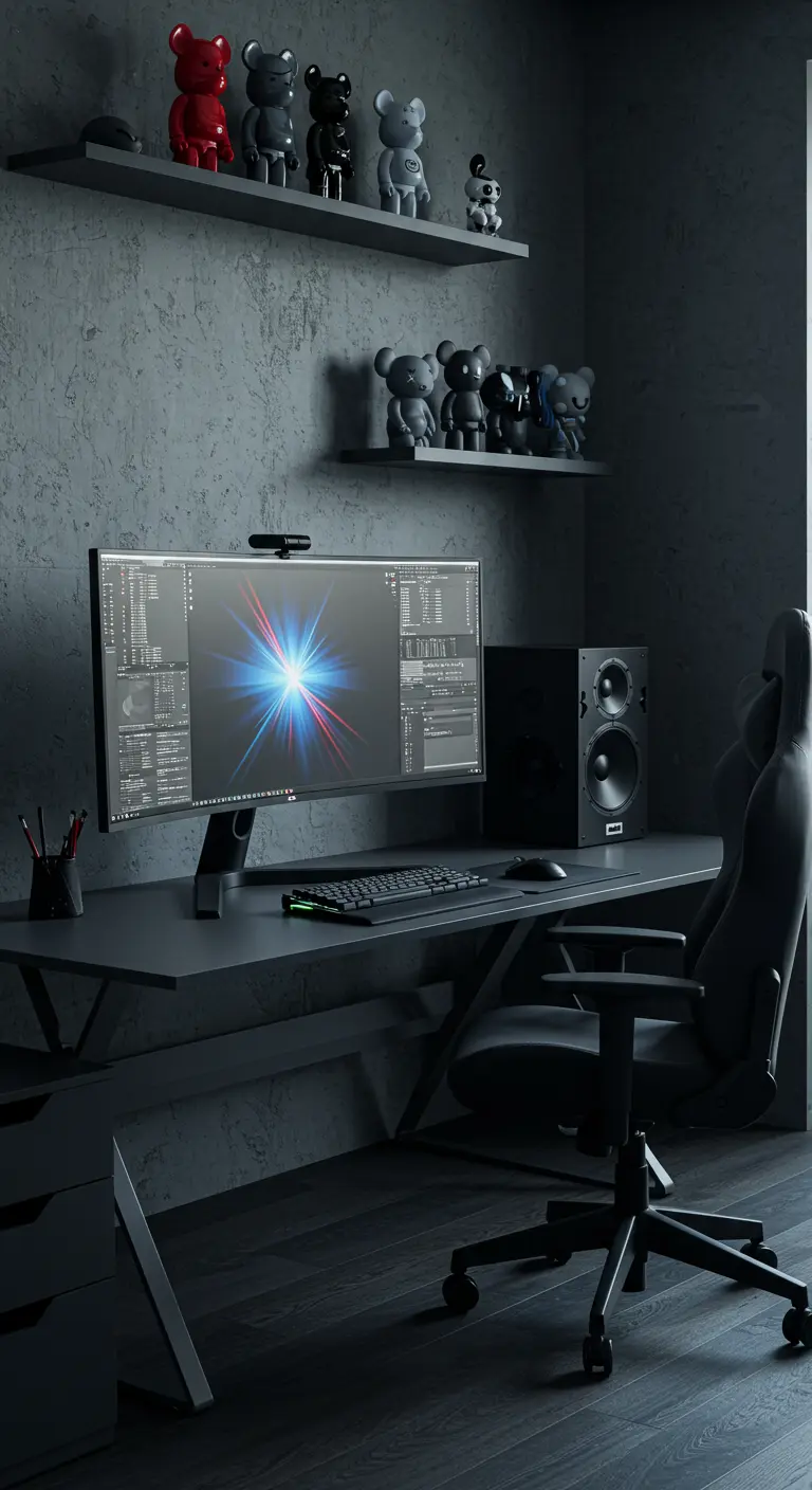Estudio de diseño completamente negro, con monitor ultrapanorámico y figuras de colección en estantes