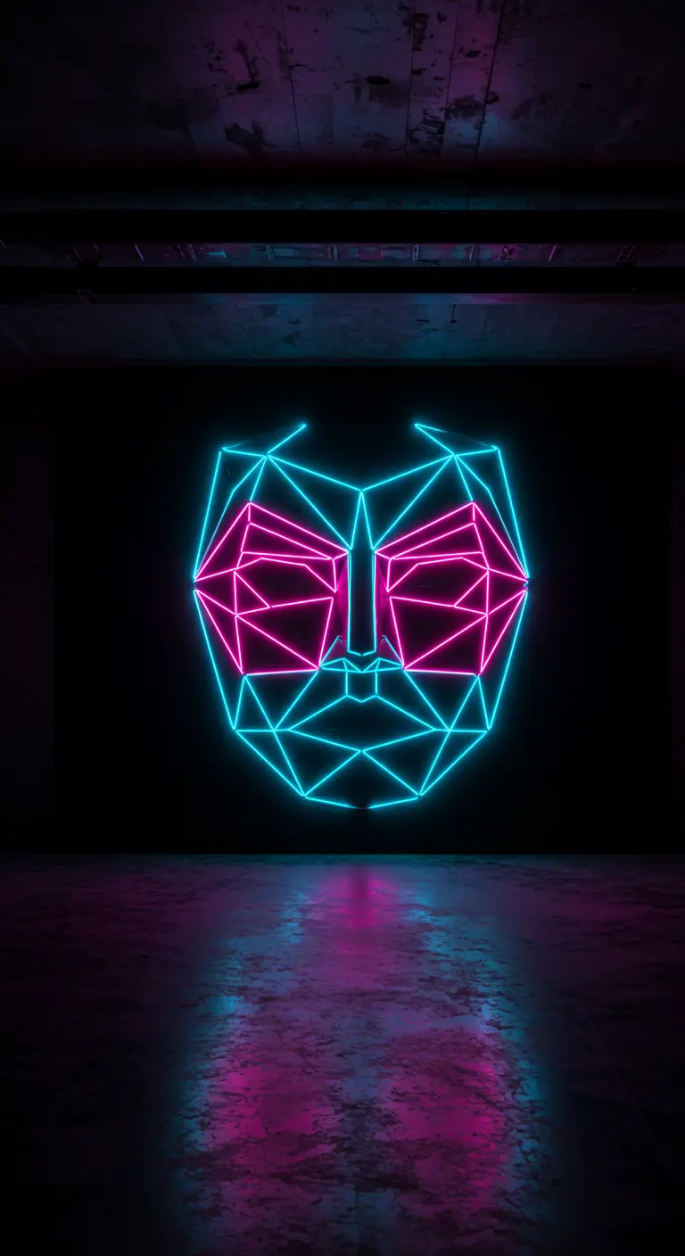Máscara geométrica de neón con luces cian y magenta en una habitación oscura.