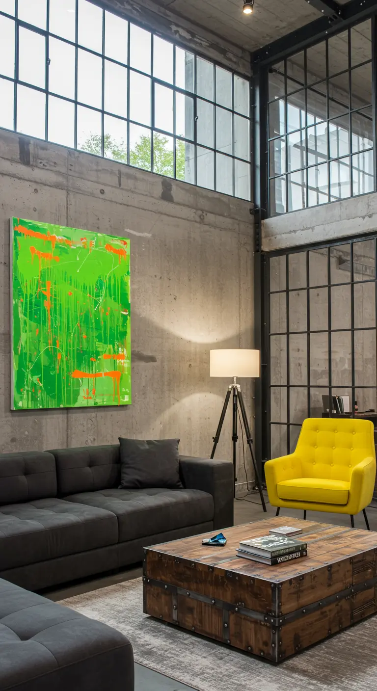 Loft industrial con paredes de hormigón y un cuadro abstracto en verde neón.