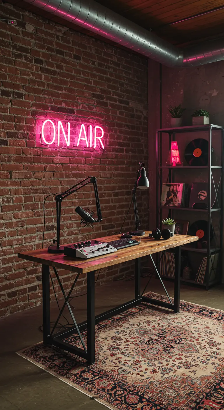 Zona de podcast industrial con pared de ladrillo, letrero de neón rosa 'ON AIR' y escritorio de madera.