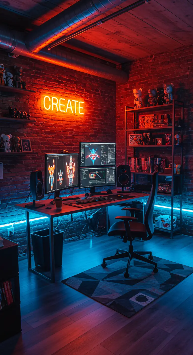 Espacio de trabajo para un artista digital con una pared de ladrillo, luces de neón y varios monitores.