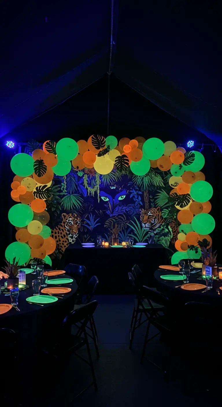 Fiesta safari que brilla en la oscuridad con un mural de neón, globos fluorescentes y luz negra.