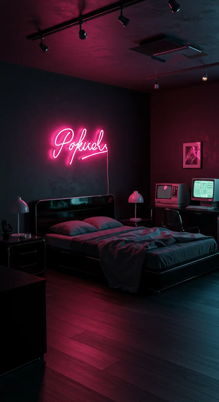 Habitación oscura de los 80 iluminada por un letrero de neón rosa sobre la cama.